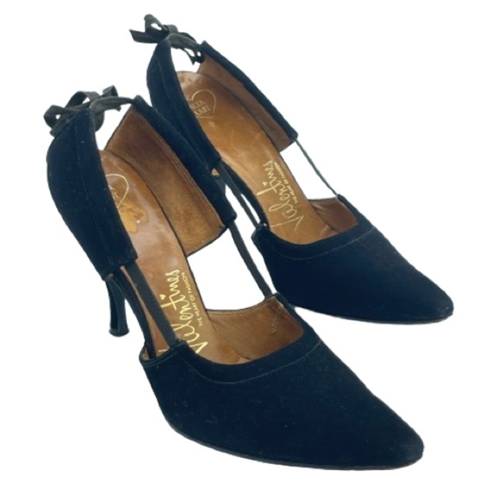 Vintage 1950s High Heel Pumps Shoes Black Suede cut outs 7AA—-AAAA